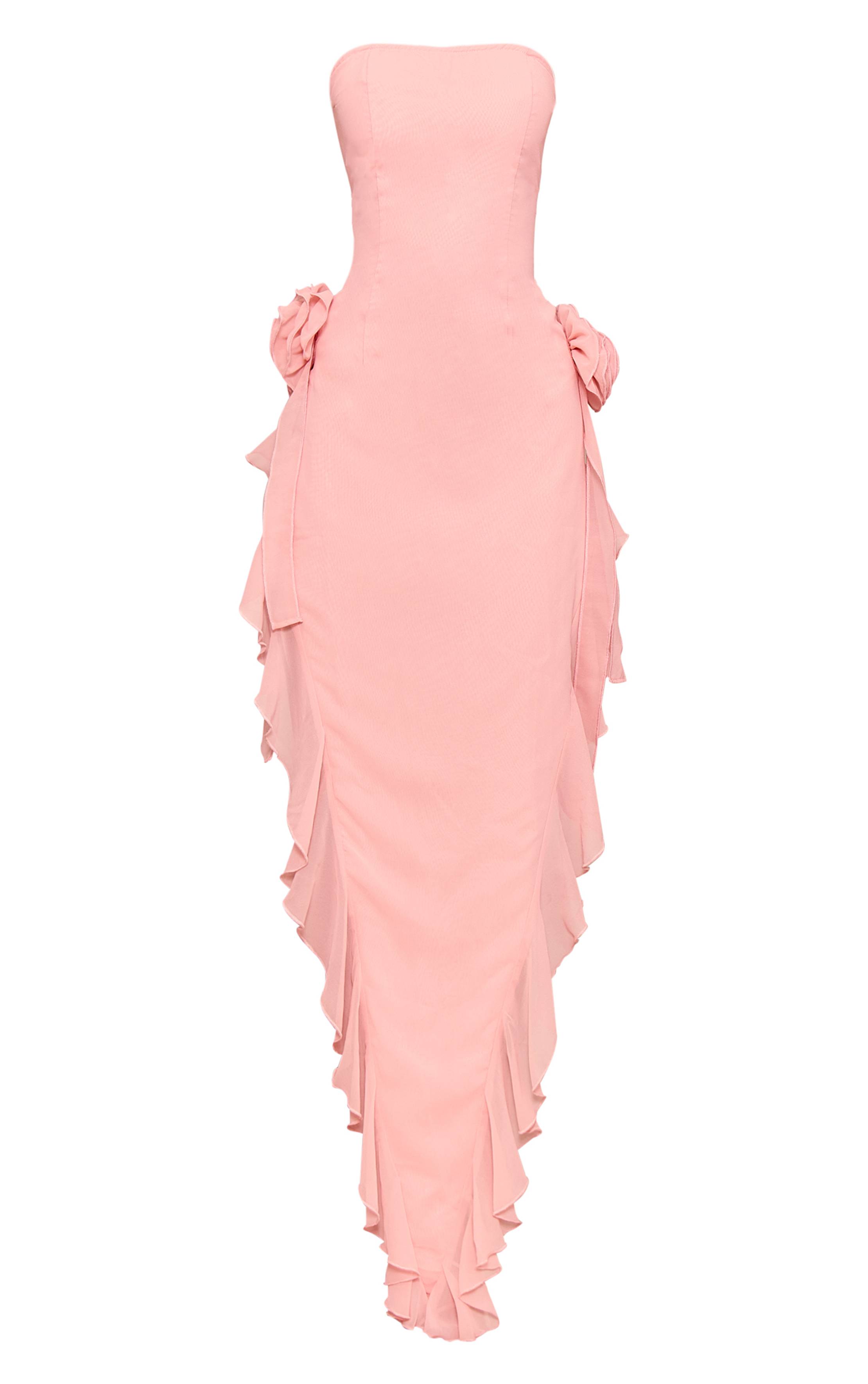 Rose Pâle Robe Midaxi À Corsage Bandeau Fleuri Avec Détail De Volants