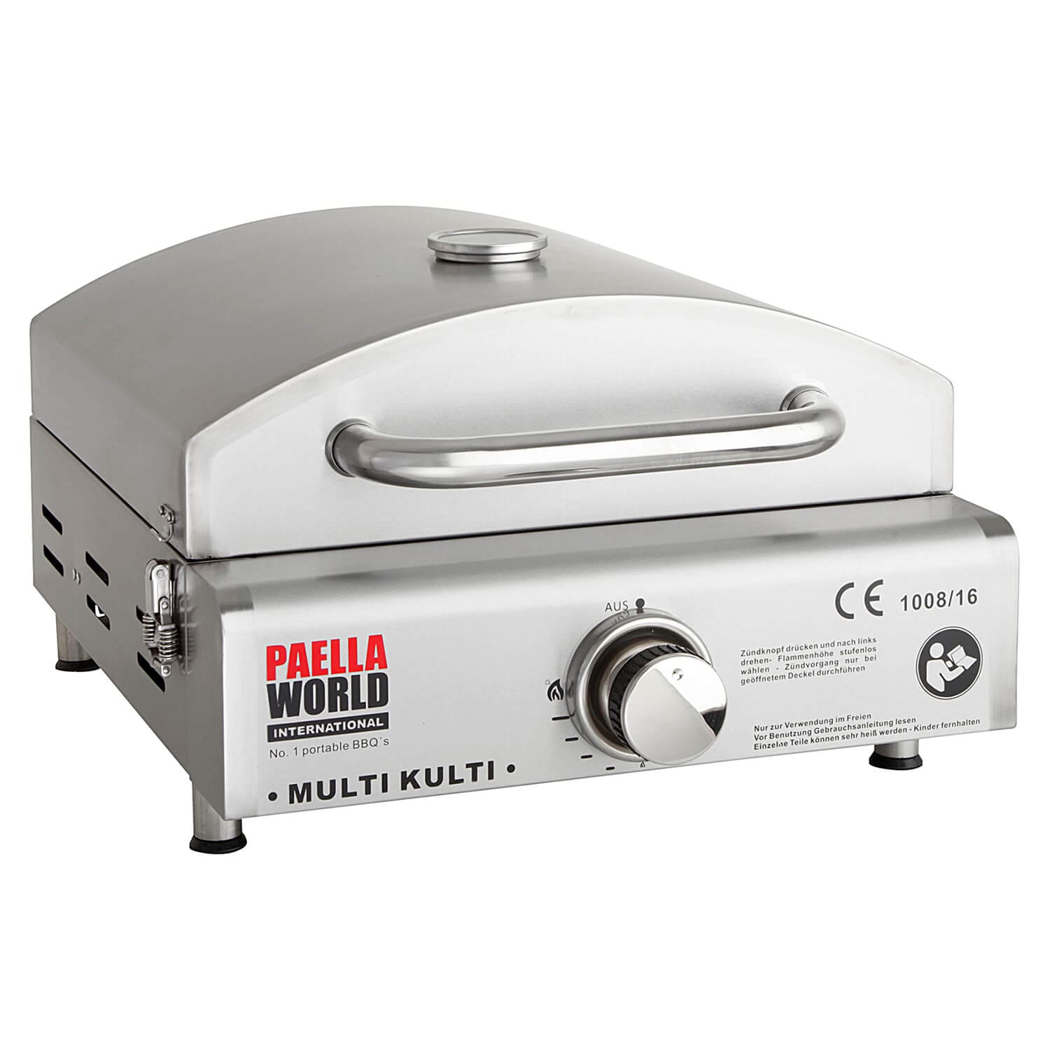 Leichter und portabler Multi-Kulti® Grill mit Zubehör - 42x51x25 cm, 3,8 kW, Edelstahl, Backhaube mit Thermometer, Gasbetrieb