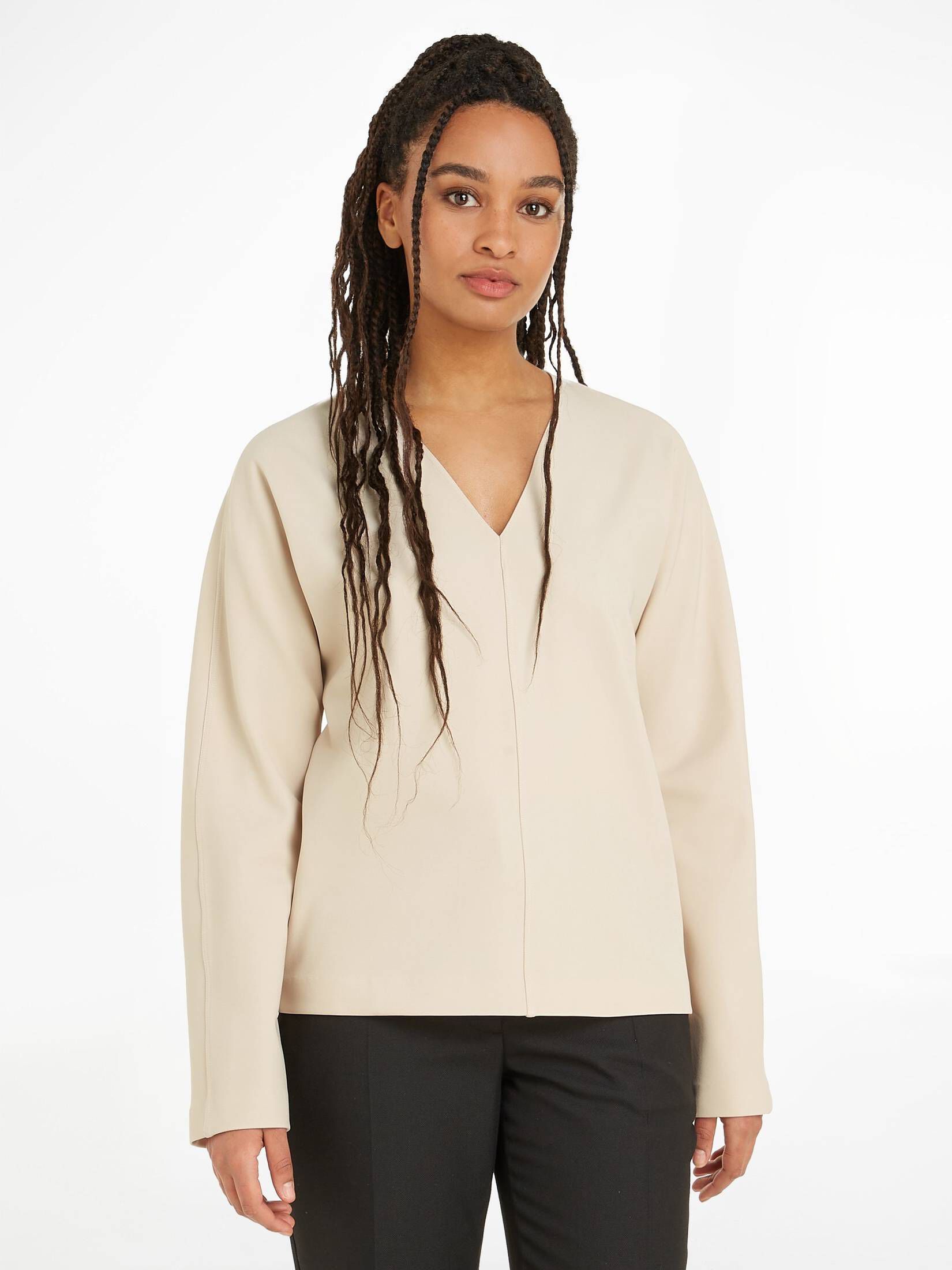 CALVIN KLEIN| Damen Bluse STRUCTURE TWILL V NECK LS TOP Langarm