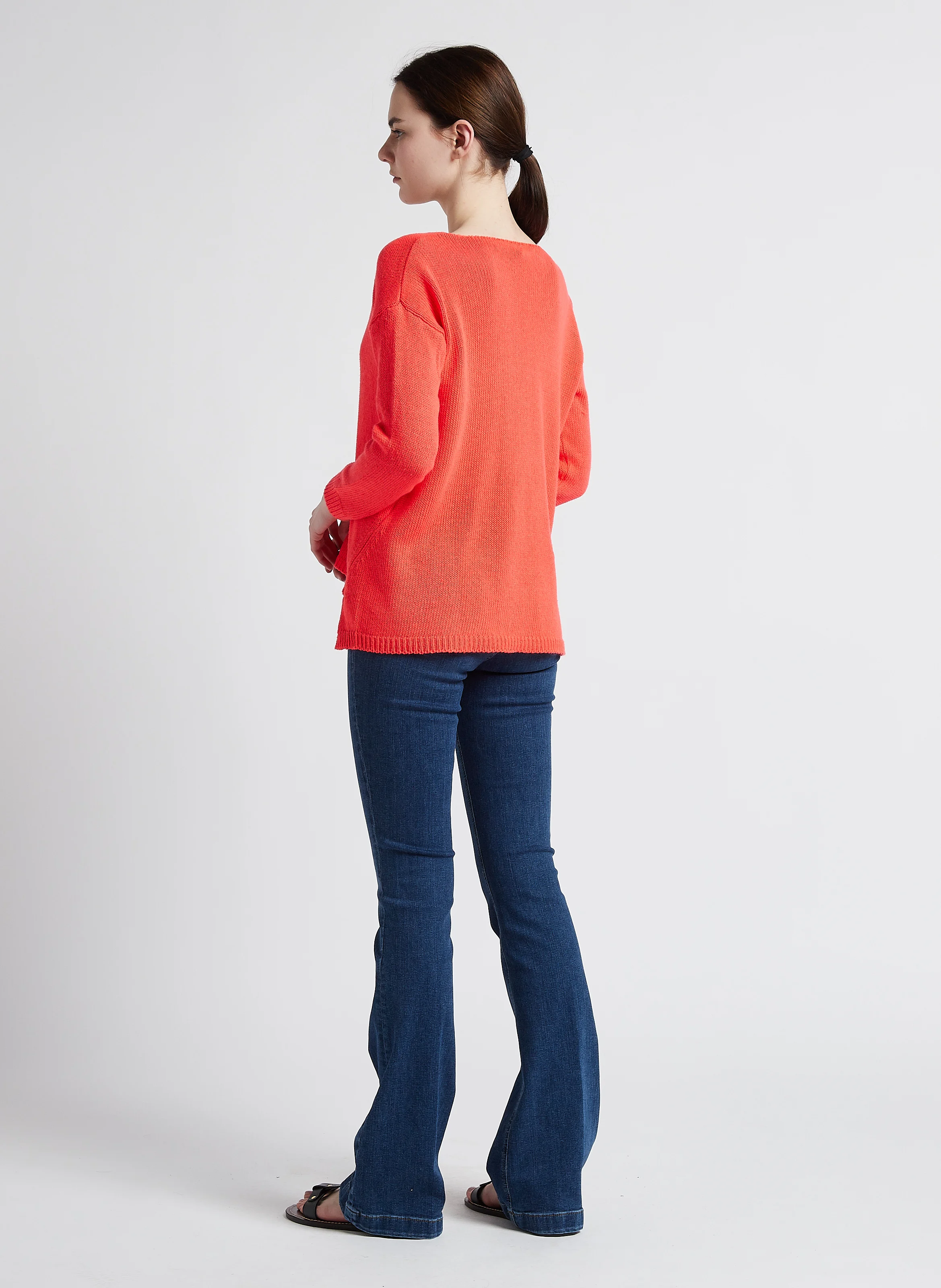 Pull en maille col V en coton mélangé| Orange