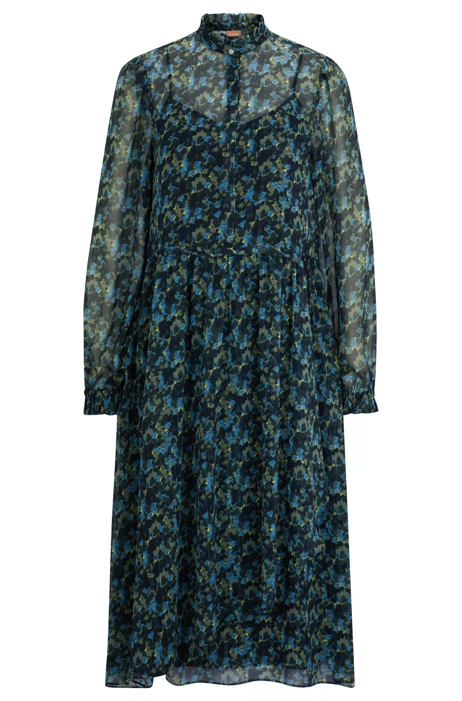 Vestido midi BOSS laranja, modelagem regular, com estampa digital.