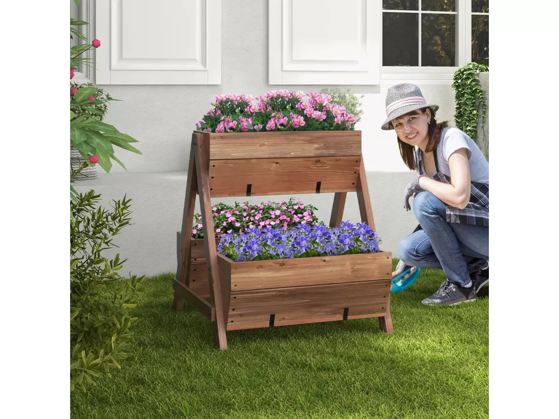 Jardinière Surélevée Verticale en Bois, Lit de Jardin à 2 Niveaux avec 3 Bacs à Plantes Charge 30KG Trous de Drainage, pour Fruits Fleurs Légumes, Marron 66 x 73 x 73 cm