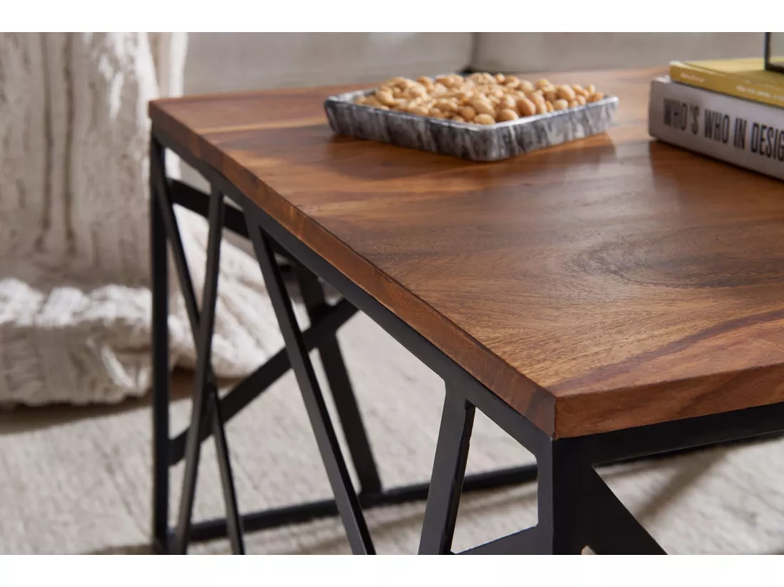 Table Basse Bois Massif Métal 60x35x60cm Table d'appoint Table de salon
