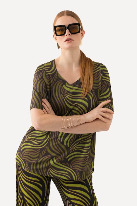 Slinkyshirt, Palmenblätter, Herzausschnitt, Halbarm