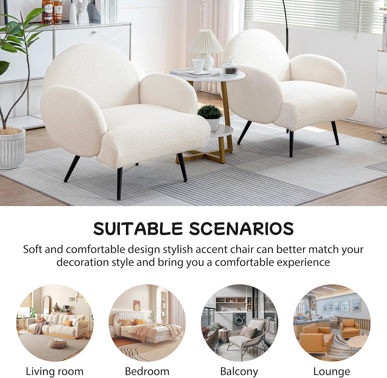Sessel Moderner Loungesessel Einzel Loungesofa Lounge Sofa Gemütlicher Teddystoff Schwarze Metallbeine Geeignet für Wohnzimmer Schlafzimmer, Weiß