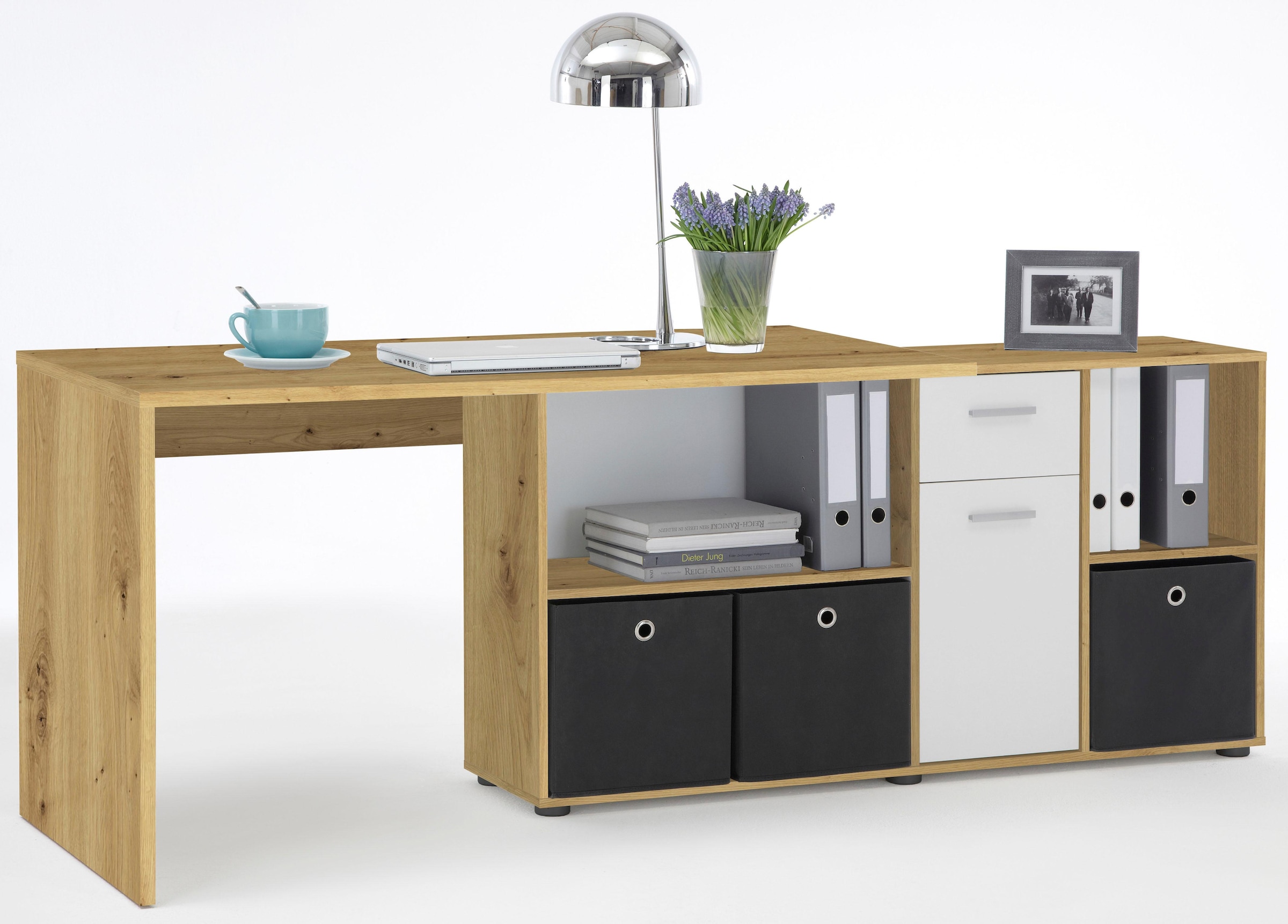 FMD Eckschreibtisch »Lexo« Schreibtisch/Sideboard viel Stauraum, beidseitig montierb., 136/205 cm