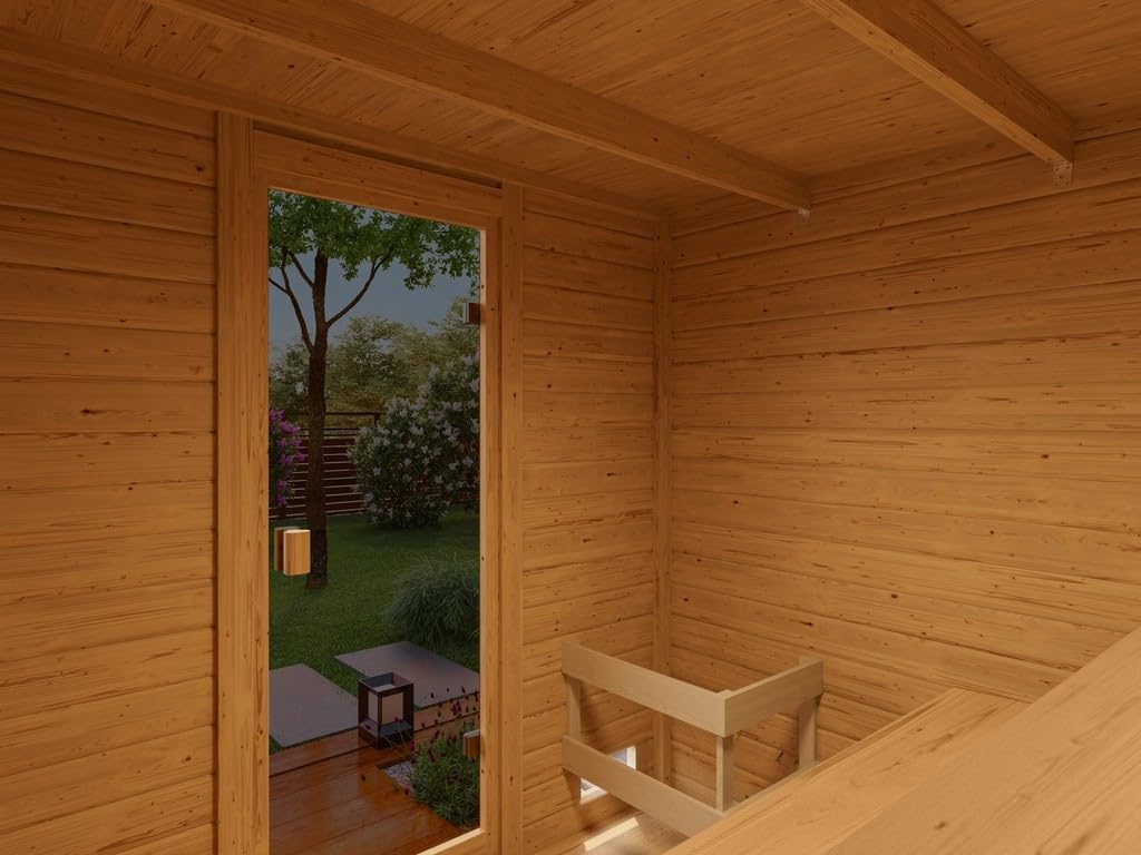 Karibu Gartensauna 230,8x189,9x219,5cm│Garten Sauna aus Fichte 38mm│mit bronzierter Glastür & 2 Liegen│Fronteinstieg│Massivholz│für2–4PersonenmitBoden