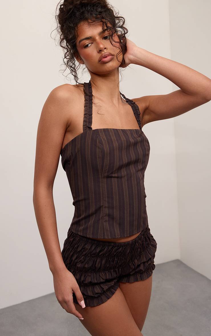 Chocolat Ensemble Coordonné Short Bloomer Froncé À Fines Rayures