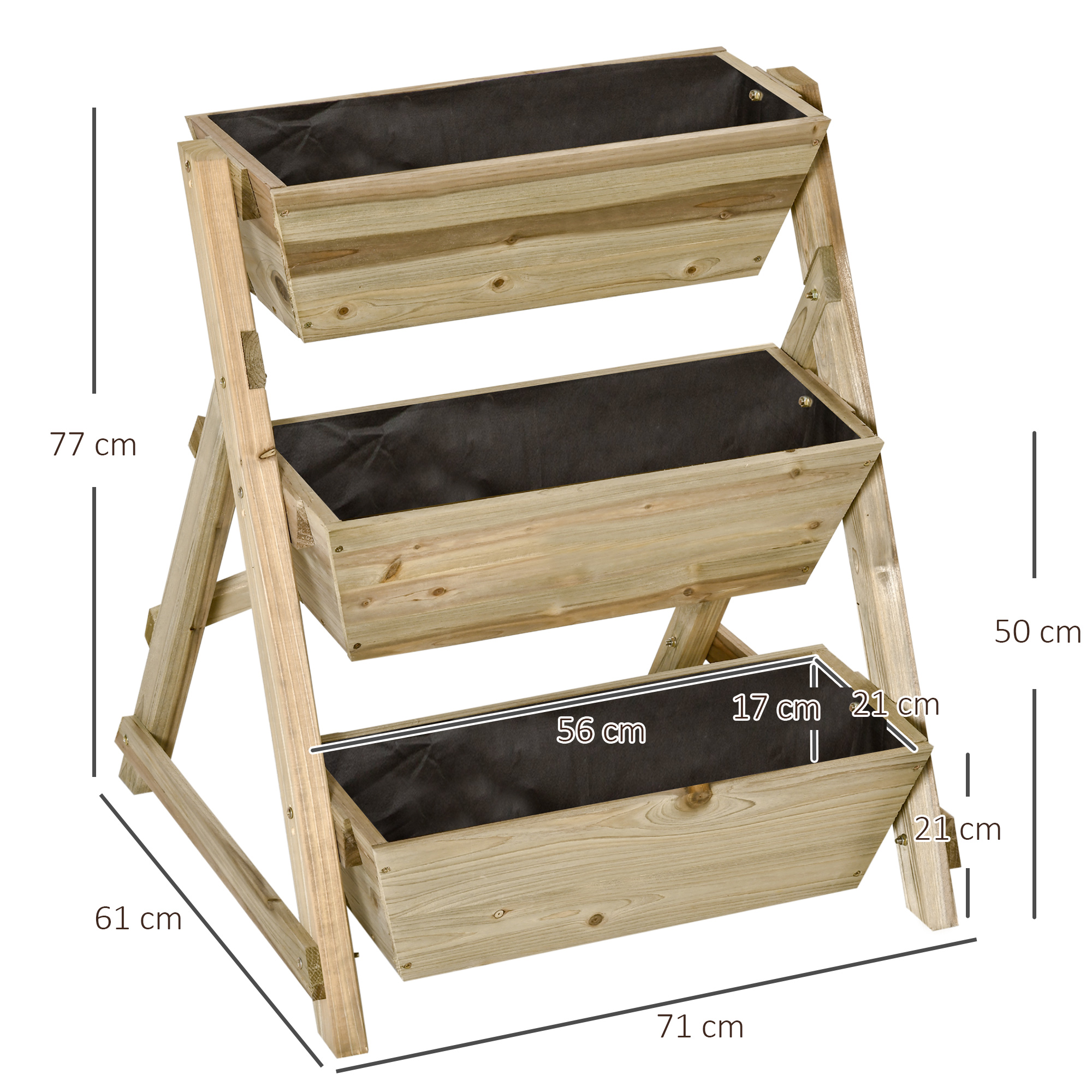 Jardineira vertical de madeira Outsunny com 3 níveis, revestida com tecido não tecido e com furos de drenagem. Ideal para plantas e vasos de flores em jardins urbanos. Dimensões: 71 x 61 x 77 cm. Cor: Natural.