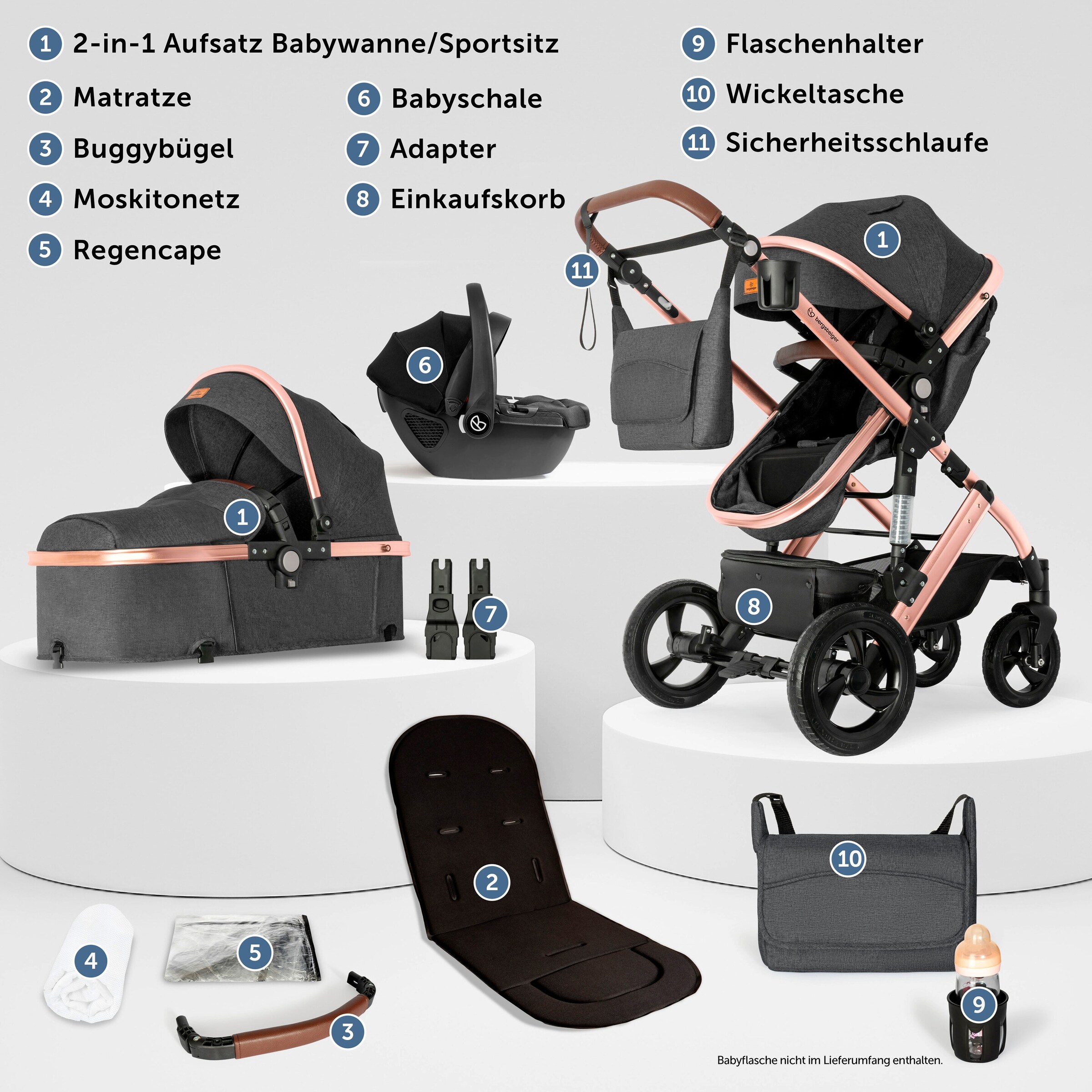 Bergsteiger Kinderwagen Nizza + Babyschale grey | Gestell: rose golden