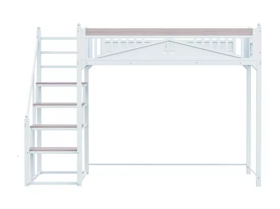 Lit mezzanine en métal 90x200 blanc avec barrière de sécurité design fenêtre échelle de rangement interchangeable gauche droite lit simple compact gain de place