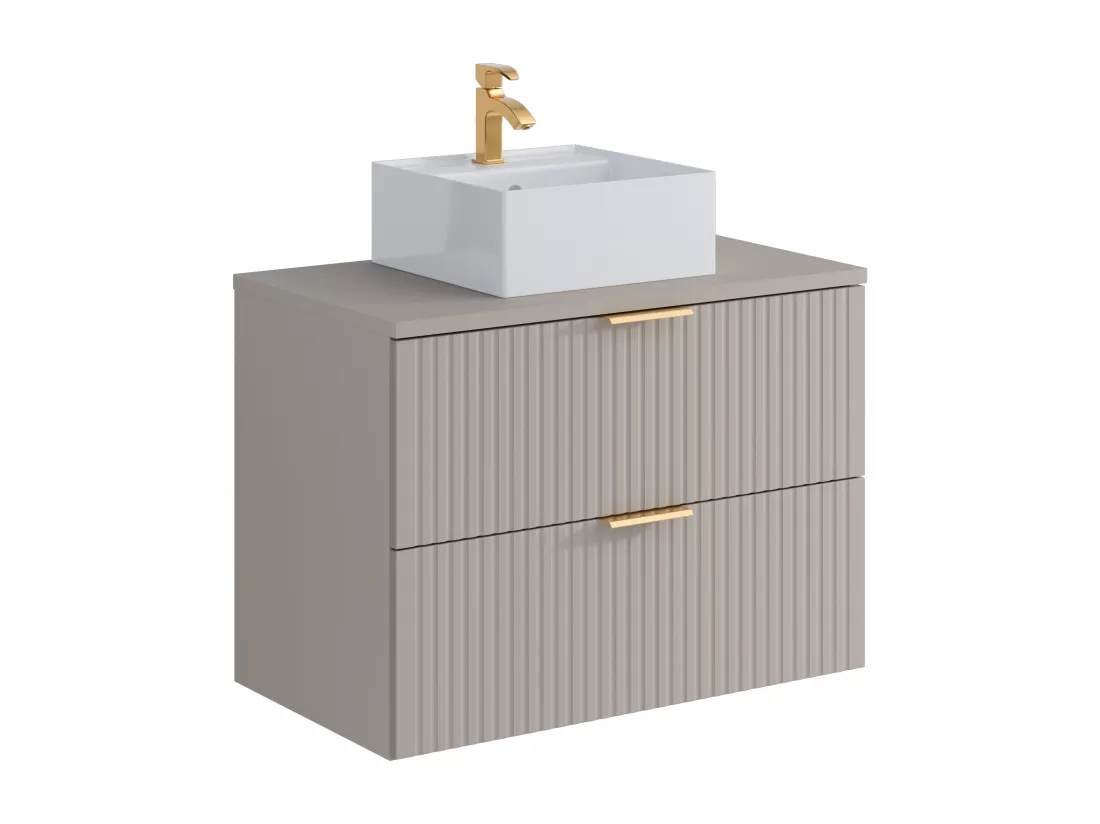 Meuble de salle de bain suspendu strié avec vasque à poser carrée - Beige - 80 cm - ZEVARA