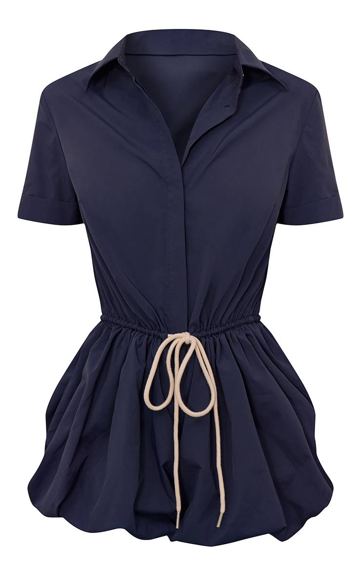 Bleu Marine Combi-short À Manches Courtes Avec Ceinture Contrastante À Nouer