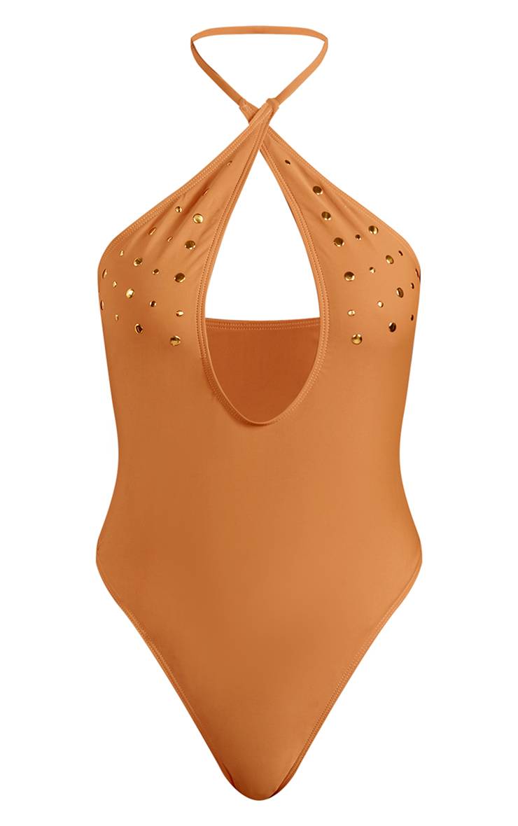 Noir Maillot De Bain Échancré Orange À Clous Avec Devant Croisé