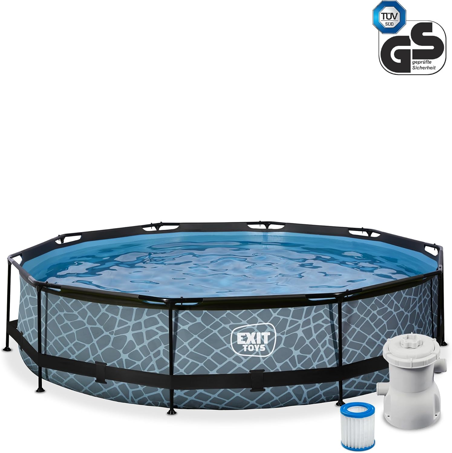 EXIT Toys Stone Pool - ø360x76cm - Großer, Runder Rahmenpool mit Kartuschenfilterpumpe - Leicht Zugänglich - Für Kleinkinder Geeignet - Starker Rahmen - Einzigartiges Design - Grau