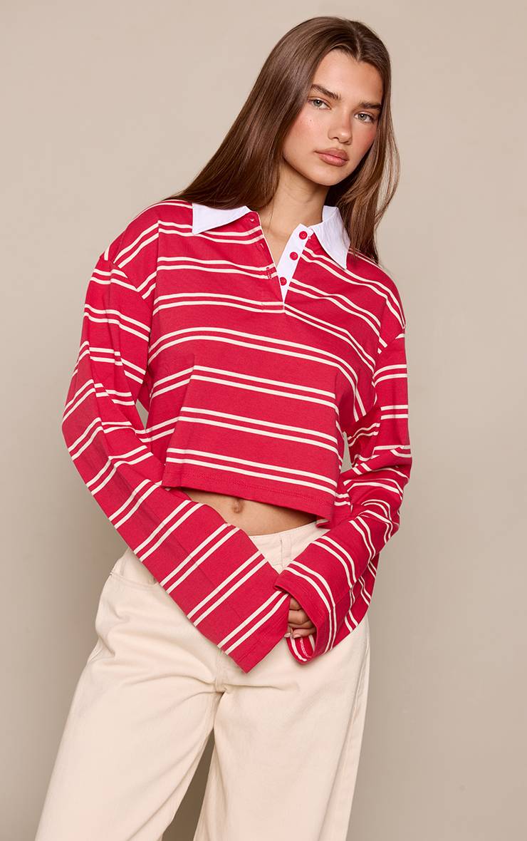Rouge T-shirt Rayé À Col Rapporté Manches Longues Coupe Courte