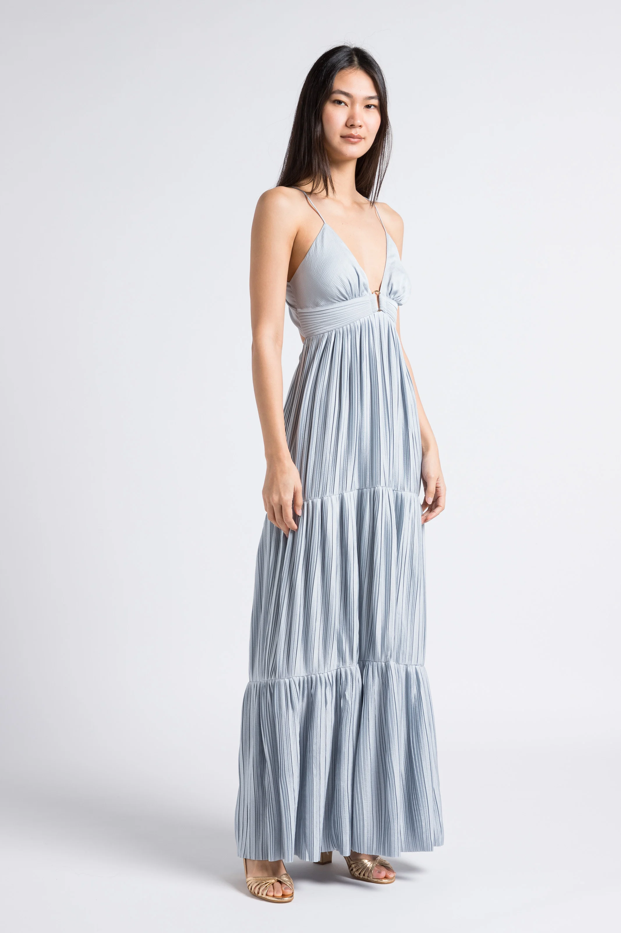 WASTA - Robe longue col V plissée | Bleu