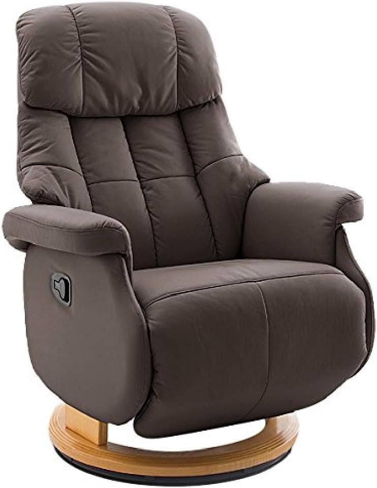 Robas Lund Relaxsessel Calgary Comfort L , bis 130 kg belastbar, drehbarer Fernsehsessel mit Liegefunktion, Echtleder braun, Gestell Holz natur