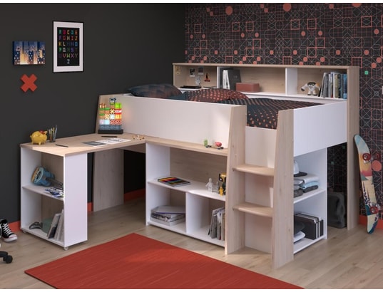 VENTE-UNIQUE - Lit enfant Lit combiné 90 x 200 cm avec bureau et rangements - blanc et...