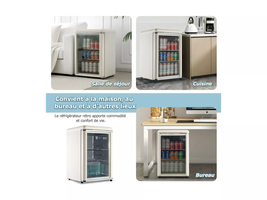 Mini Réfrigérateur 78L, avec porte en verre et LED, étagères réglables, 7 Niveau température 2-12℃, 82kWh/an, 47x47x70cm