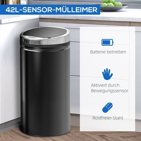 Sensor søppelbøtte 42L, elektrisk automatisk søppelbøtte med lokk, rustfri, for bad, kontor, kjøkken, spisestue, stål, svart