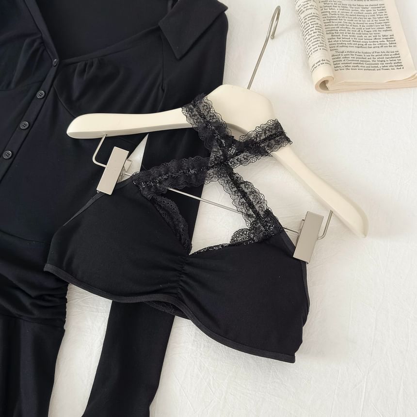 resinling - Set: Lange mouwen V-hals effen mini A-lijn jurk met knopen + kanten rand cami top