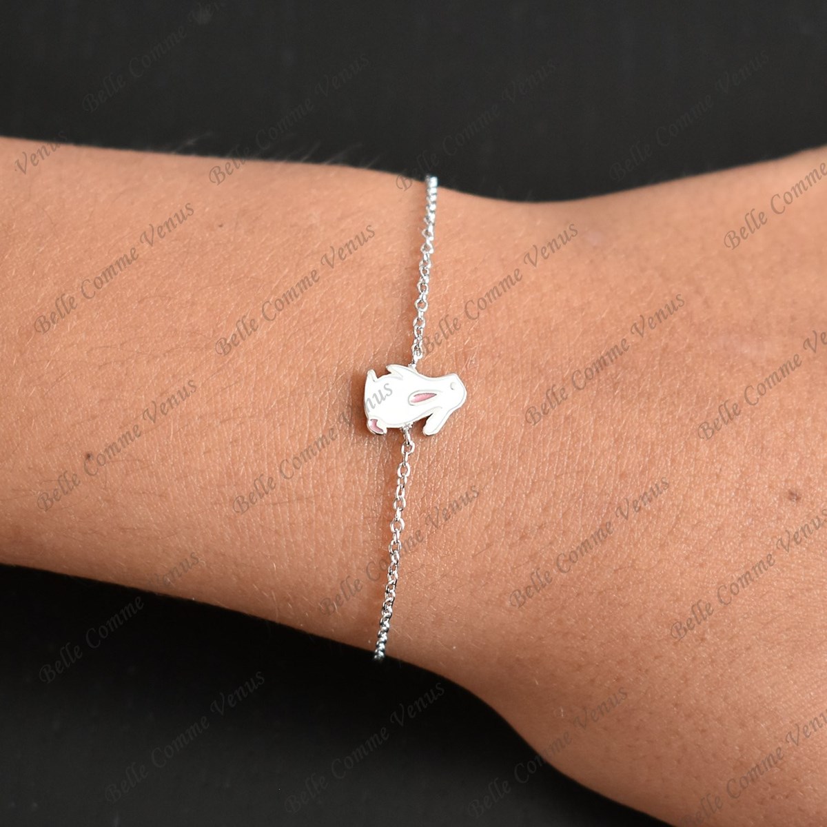 Bracelet lapin émail blanc et rose Argent 925 Rhodié
