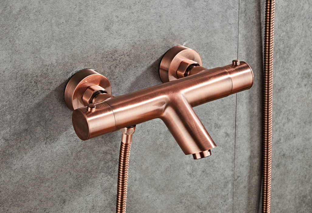 Saniclear Copper thermostatische badkraan met handdouche geborsteld koper