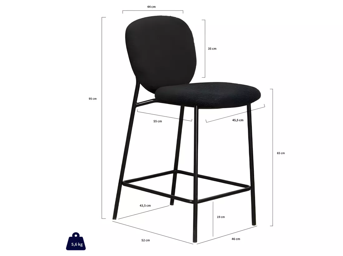 DALBY - Lot de 2 tabourets de bar en tissu bouclette et métal H65cm - Noir