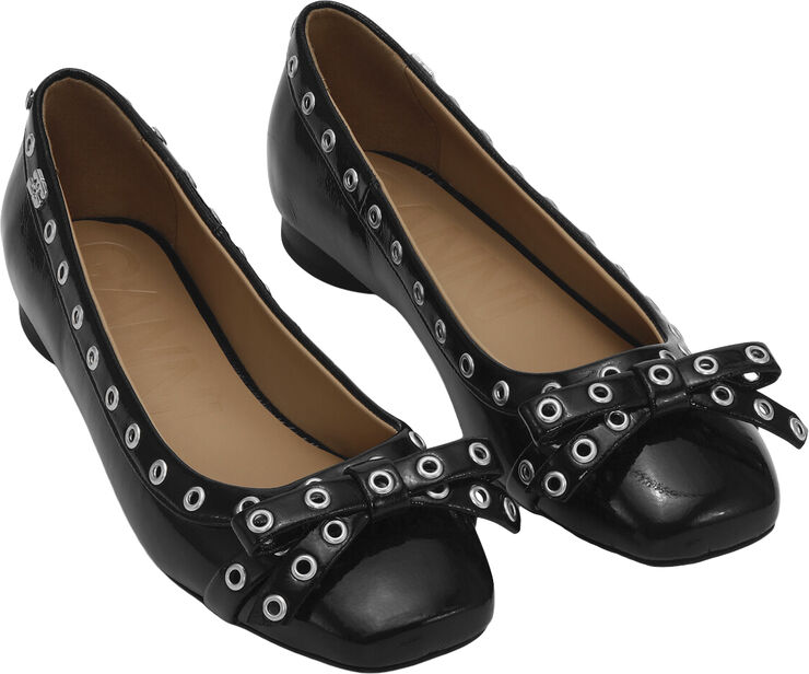 Ganni Eyelets Bow Ballerina Naplack Black