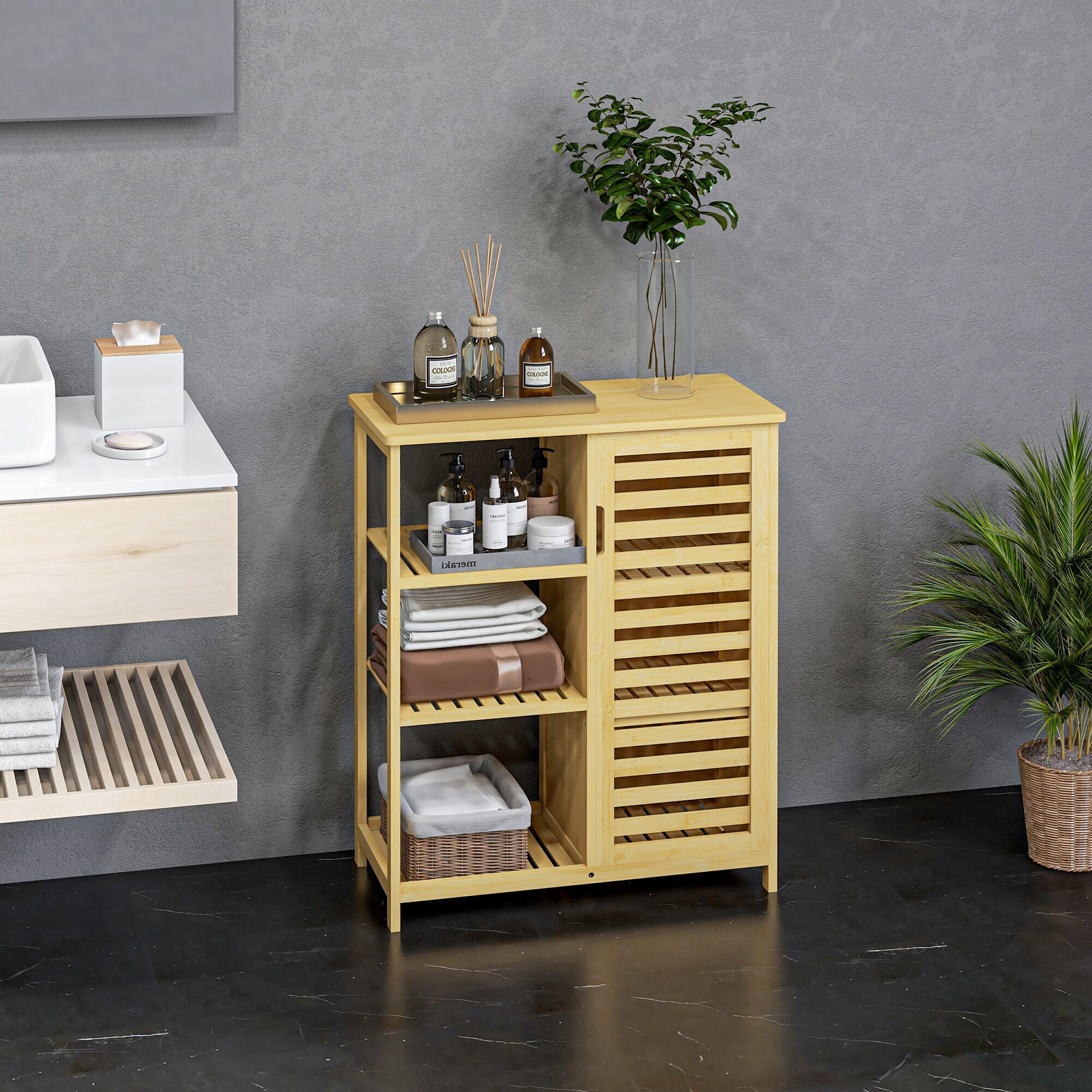 kleankin Badezimmerschrank mit offenem Regal und Kippschutz natur 66L x 33B x 87H cm