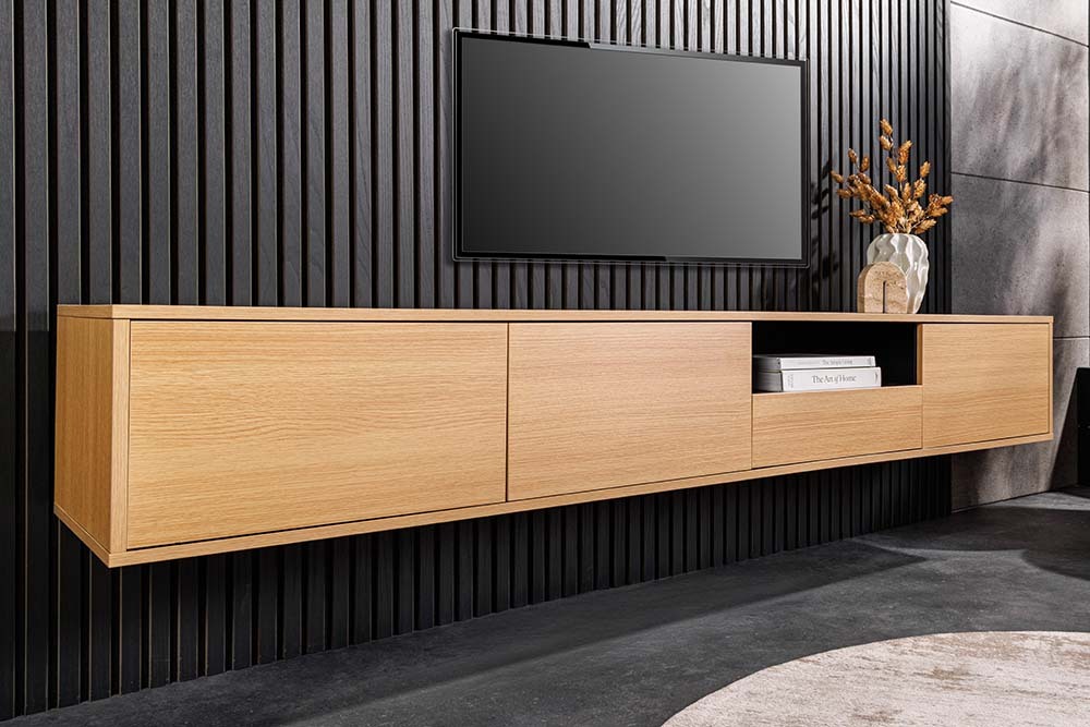 Hängendes TV-Board LOFT 200cm natur schwarz sieben Fächer mit Schublade