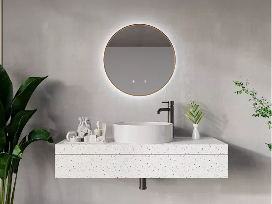 Miroir de salle de bain lumineux rond anti buée avec contour doré - D60 cm - PEONIA