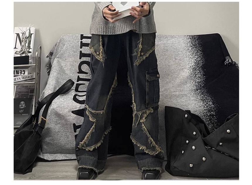 Cowpow - Middelhoge Star Patchwork Franjes Gewassen Wijde Broek