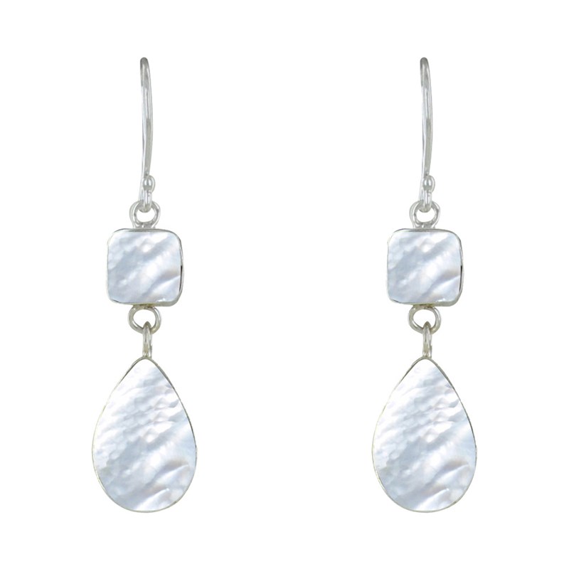 Boucles d'Oreilles Argent Carré et Goutte Nacre Ivoire