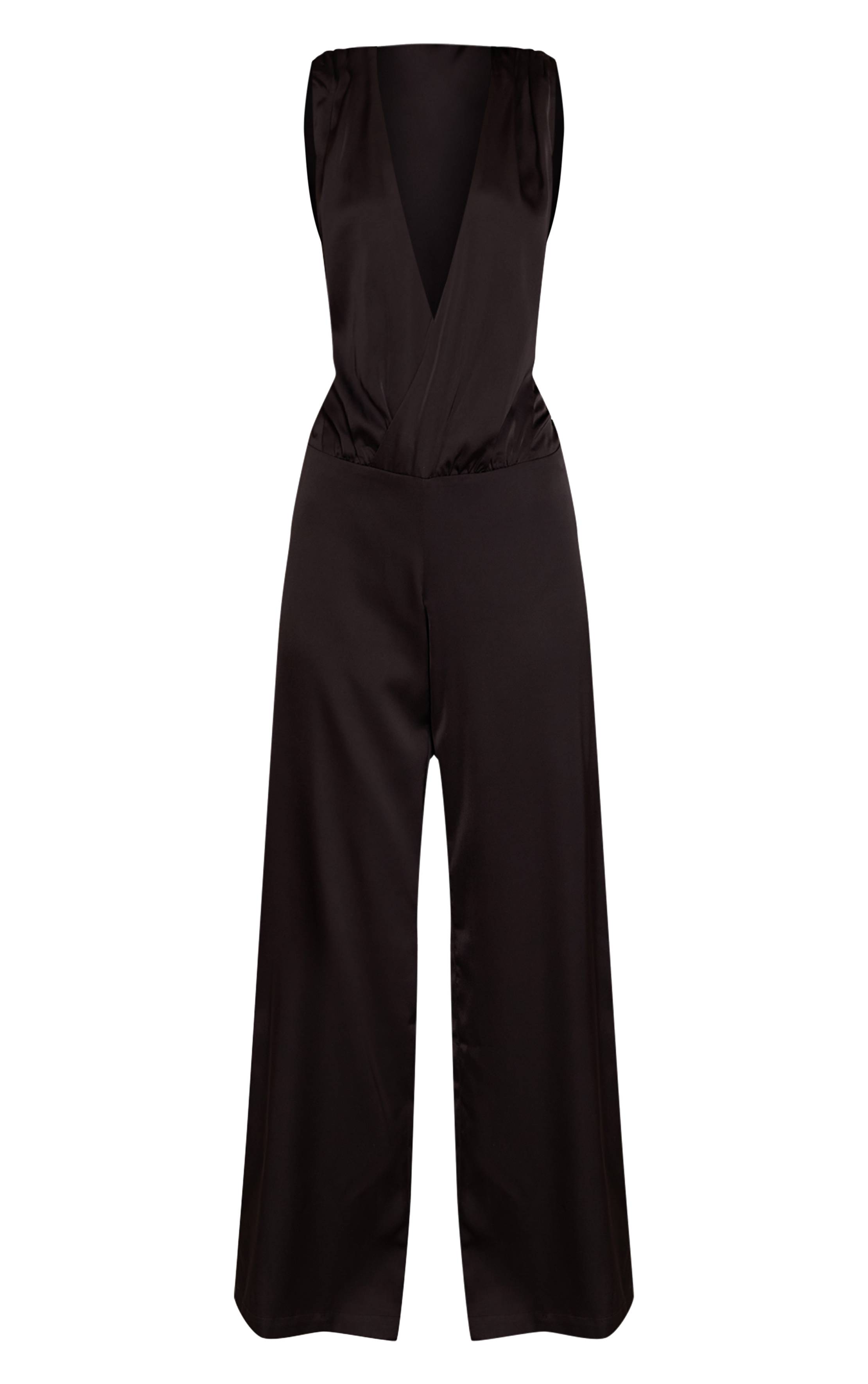 Noir Combinaison-pantalon En Satin À Décolleté Plongeant Et Taille Basse