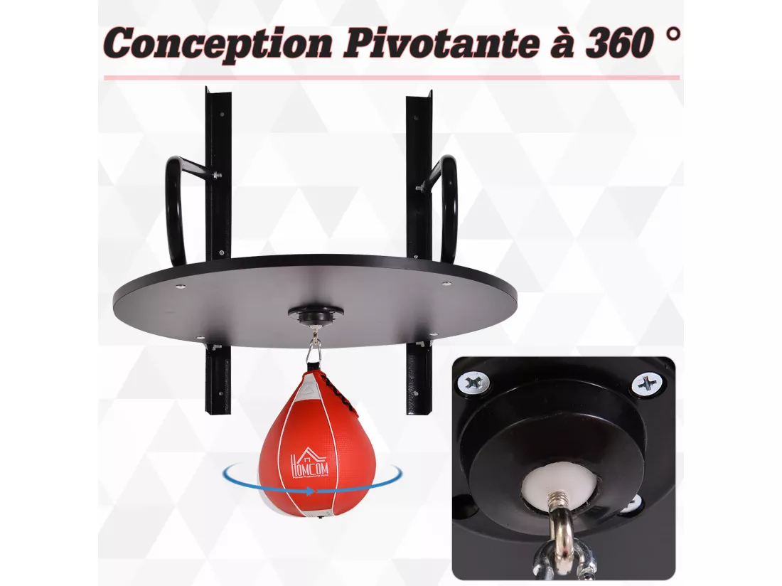 Punching ball poire de vitesse boxe avec support plateau tournant + pompe MDF acier revêtement synthétique rouge noir