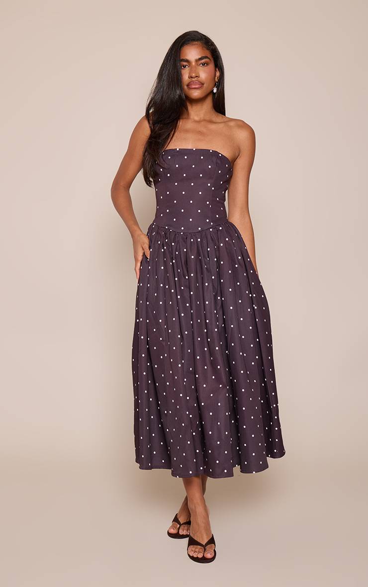 Chocolat Robe Mi-longue Évasée À Bustier Froncé En Tissu Tissé Imprimé À Pois