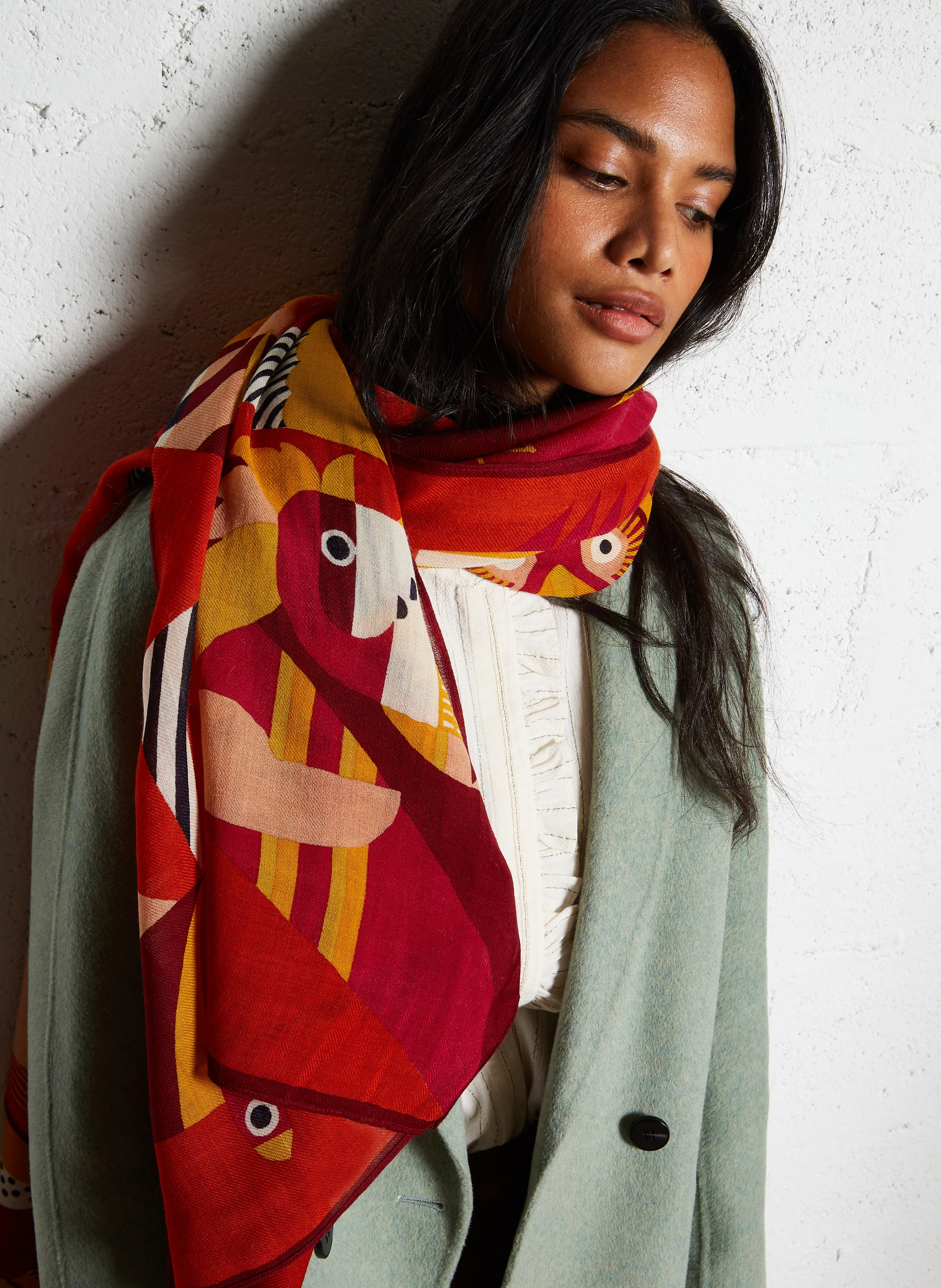 TRIBU - Foulard imprimé en laine | Orange