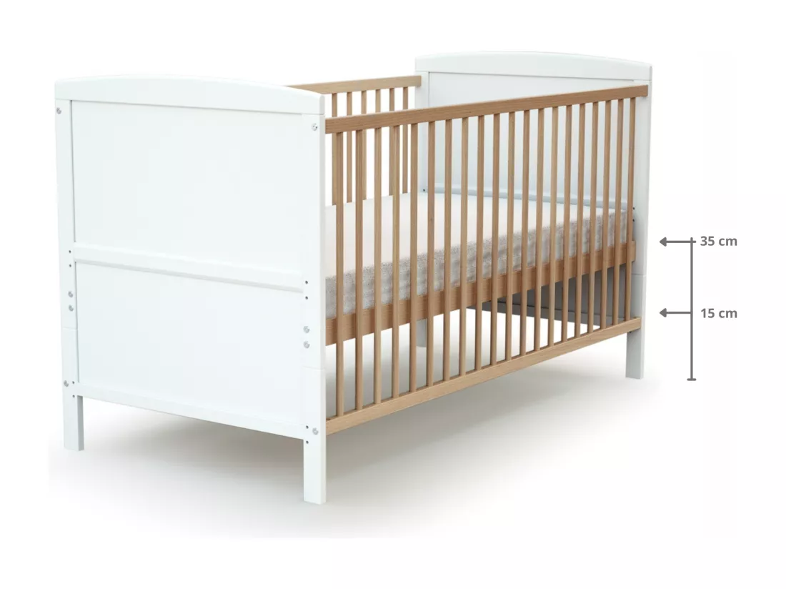 Lit bébé évolutif en bois ESSENTIEL Blanc et Hêtre Verni 70 x 140 cm