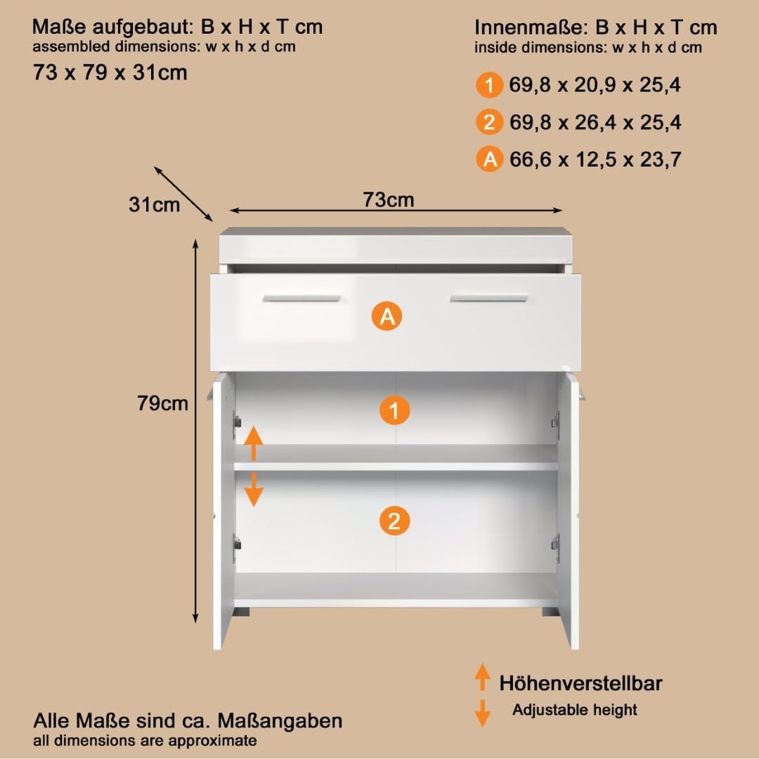 trendteam smart living - Amanda - Kommode - Weiß Hochglanz - Sideboard - (BxHxT) 73 x 79 x 31 cm - 2 Türen mit moderner Fräsung und 1 Schublade - Türanschlag links oder rechts - kratzfest