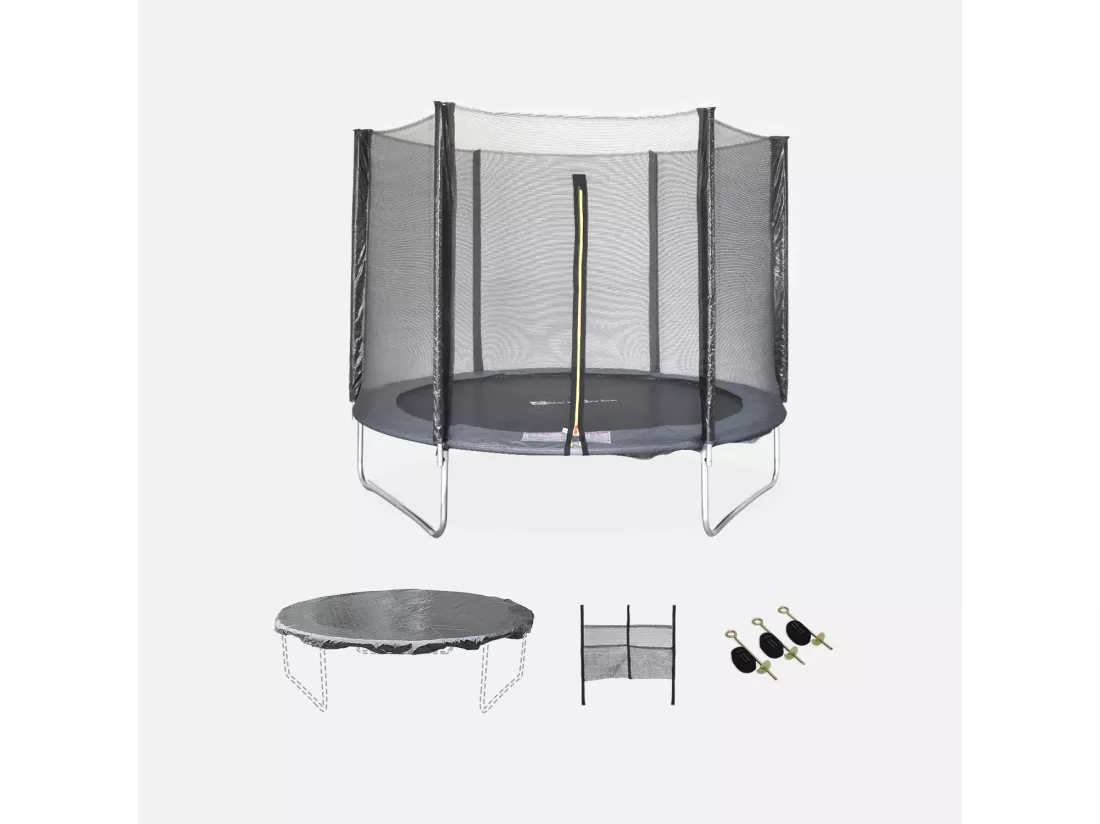Trampoline 250 cm. gris. avec filet de protection. bâche. filet pour chaussures. kit d’ancrage