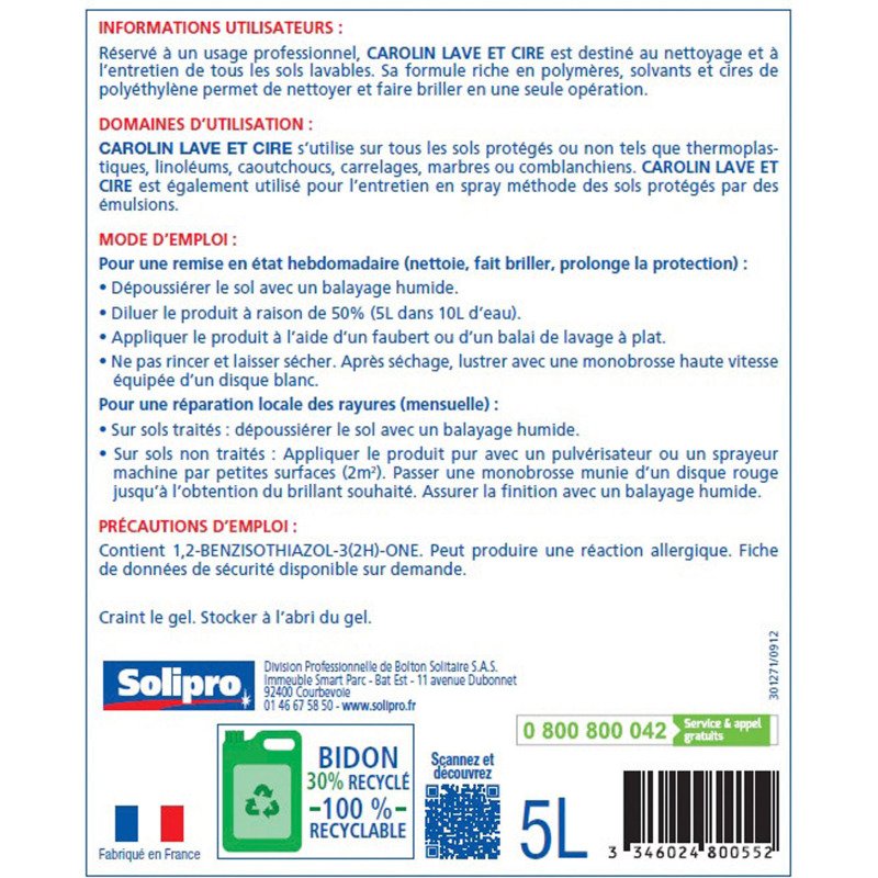 Nettoyant sols Lave et Cire Carolin Professionnel - Bidon de 5 L