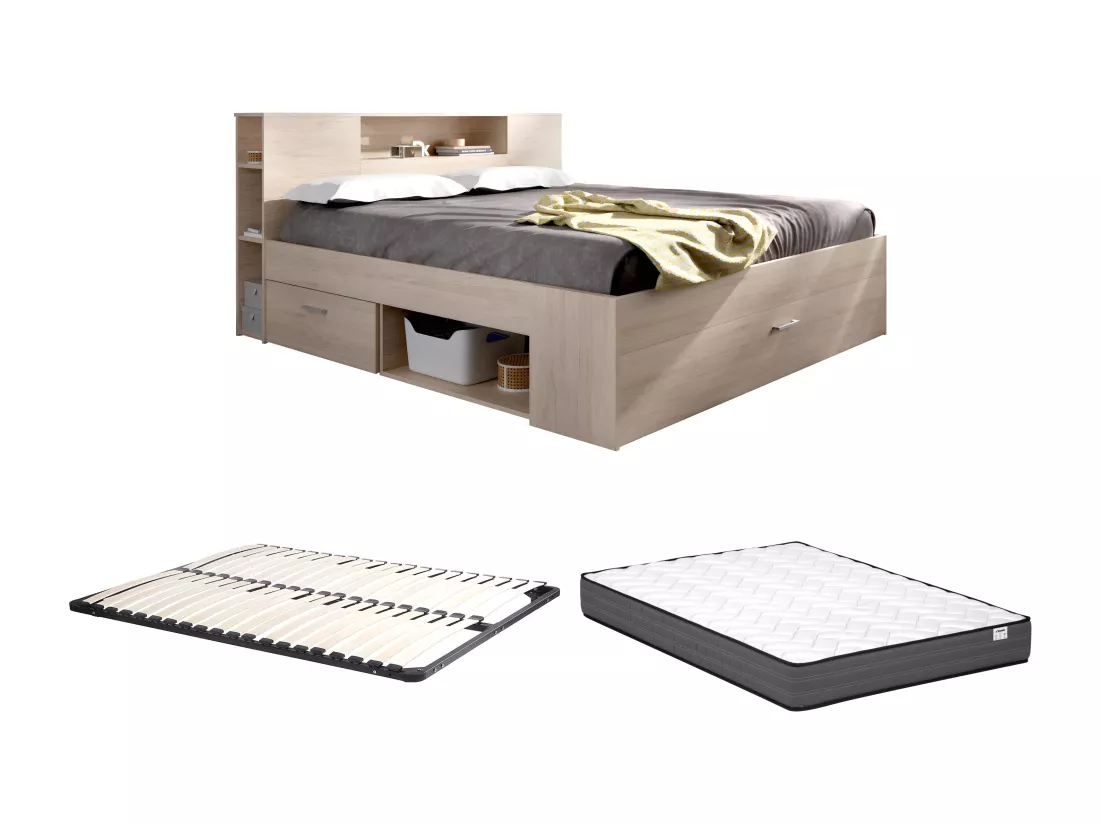 Lit avec tête de lit rangements et tiroirs - 140 x 190 cm - Coloris : Naturel + Sommier + Matelas - LEANDRE