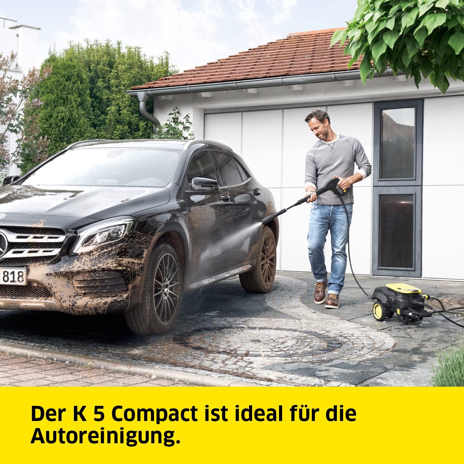 Kärcher Hochdruckreiniger K 5 Compact, Druck: max. 145 bar, Durchfluss: max. 500 l/h, Flächenleistung: 40 m²/h, Wasserfilter, Gewicht: 12 kg, Hochdruckschlauch und -Pistole, Dreckfräser, Strahlrohr