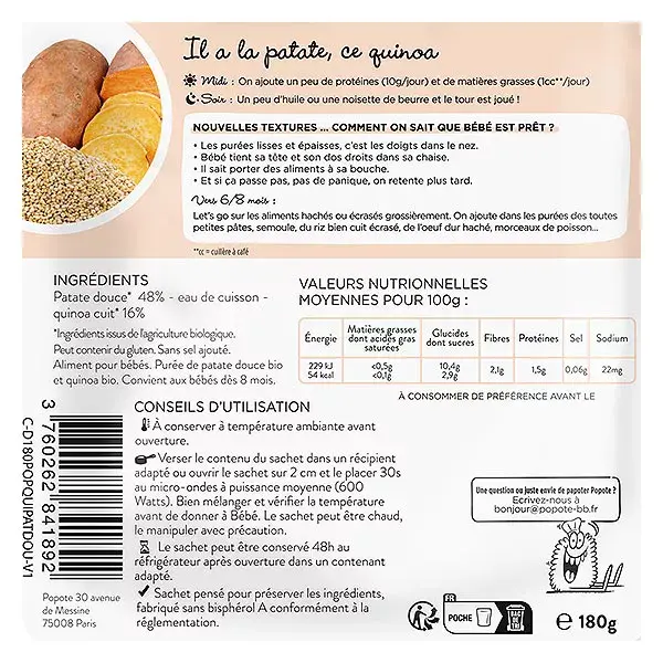 Popote les Moulinés Batata Doce Quinoa +8 meses Bio 180g