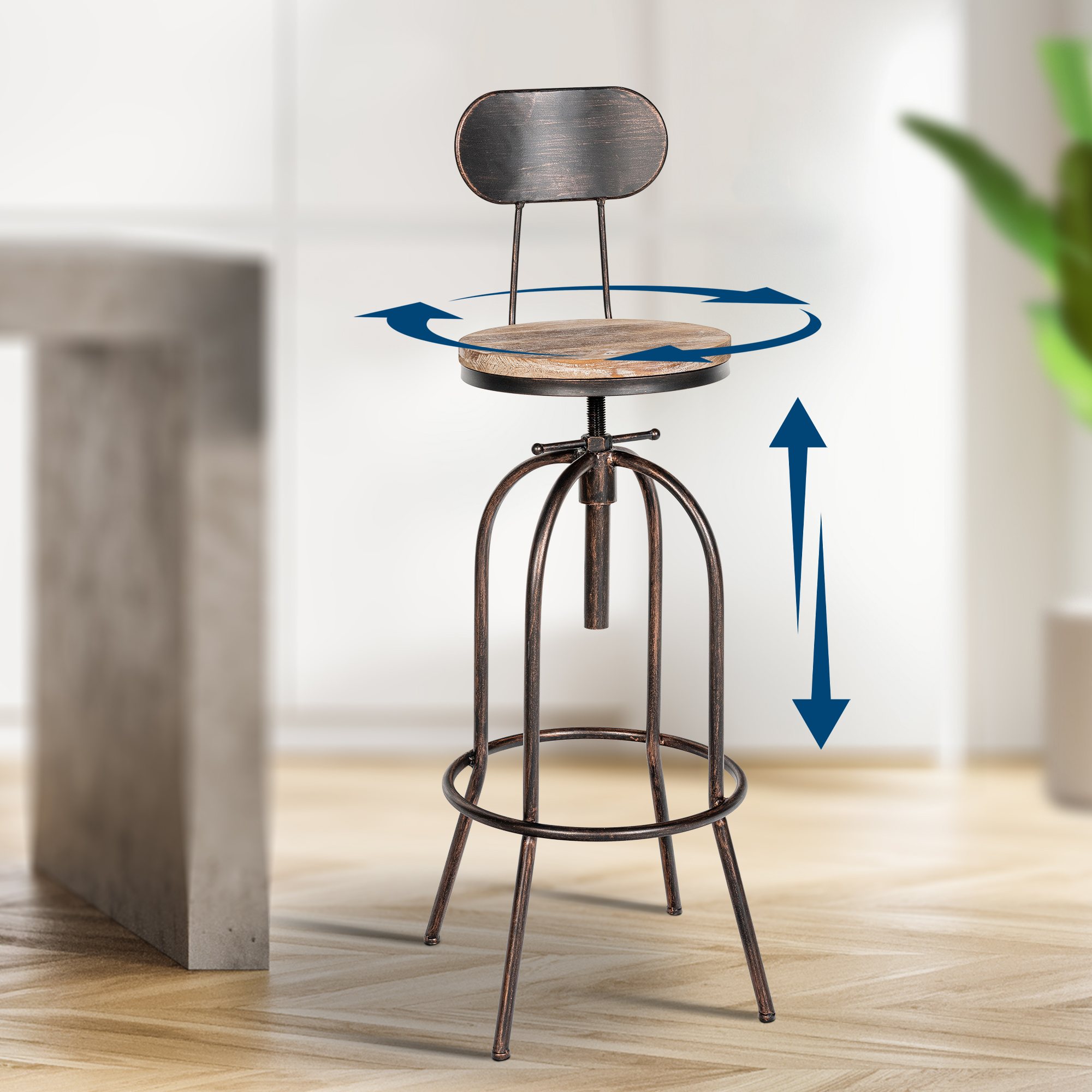 CLP 2er Set Barhocker Pino I Höhenverstellbare Barstühle mit Holzsitzen und Rückenlehnen I Thekenhocker höhenverstellbar und drehbar