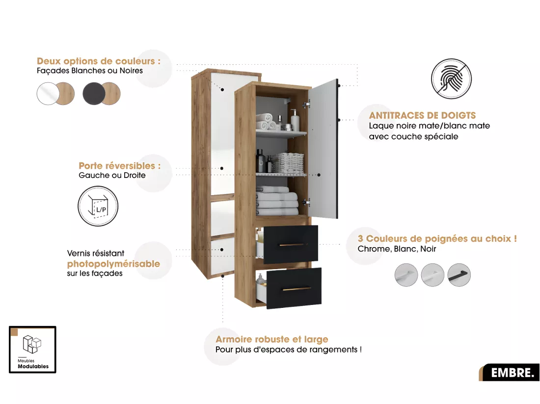 Ensemble complet - de salle de bain - Meuble - Miroir/Armoire - Colonne - Vasque avec Siphon OFFERT | EMBRE | Noir | 80 x 50 x 45 cm