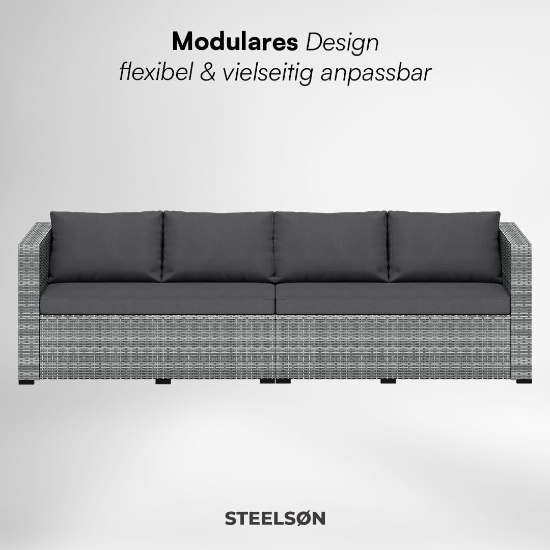 STEELSØN Veloria Rattan Gartenmöbel Set 4-TLG. – Gartenlounge mit Sofas, Tisch & Box – Outdoor Sitzgruppe bis 4 Personen – Sitzgarnitur Garten/Balkon/Terasse grau/anthrazit mit Stauraum