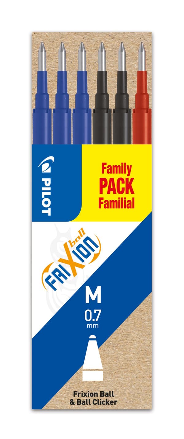 Sett med 6 - FriXion Ball 0.7 refiller - Sort, Blå, Rød - Medium spiss Pilot
